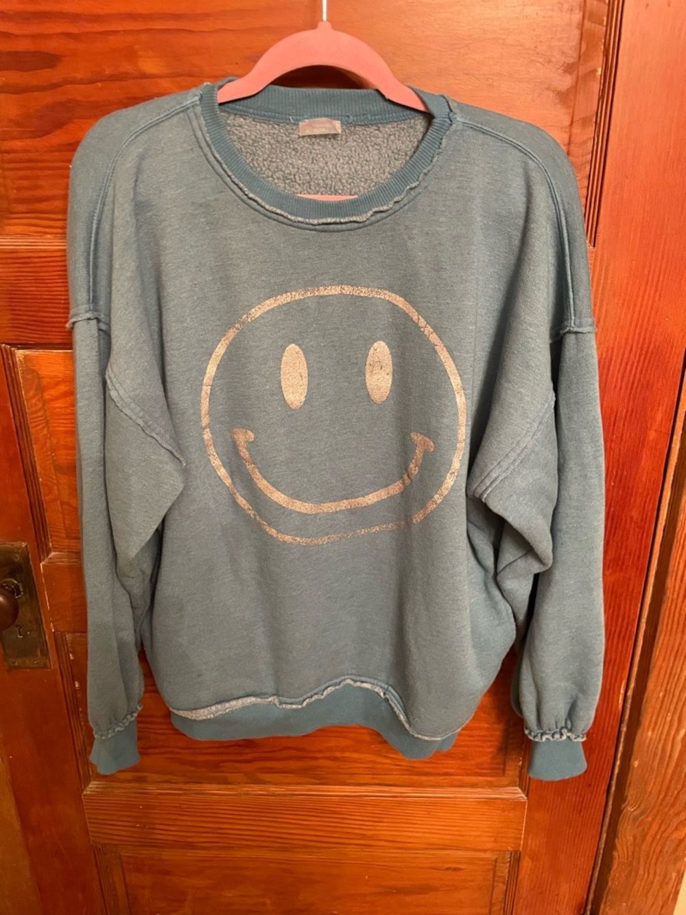 Free People Be Happy Sweatshirt in Teal with Metallic Print
